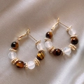 Pendientes de aro chapados en oro con ojo de tigre y ágata blanca sobre seda - 4# Pin de Plata - Color Dorado (Chapado en Oro)