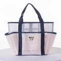 Pink and blue mesh tote bag with BEACH LOVE label and durable webbing handles - Light Pink