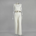 Detail of linen sleeveless top and wide-leg trousers with high waist button design - S / Apricot