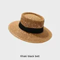 Chapeau de paille canotier kaki classique avec ruban noir large pour femme - Réglable (54-58cm) / Khaki Ruban Noir (1687)