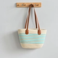 Handwoven beige cotton tote bag with blue stripes and brown leather handles for summer - Leather Strap/Striped / Creamy White & Green