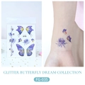 Sparkly purple and blue butterfly tattoo sticker model FG-035 for festival makeup looks - Purple-Blue Butterfly Floral (FG-035)