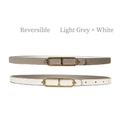 Minimalist double-sided thin leather belt in light grey and white with gold oval buckle - White + Light Grey