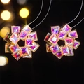 Sparkling pink square crystal hoop earrings with a golden geometric floral design - White AB (STE022GL-WAB)