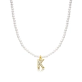 Faux pearl necklace featuring a gold letter K pendant with sparkling zircon inlays - Letter K