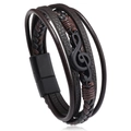 Detail of multi-layer braided leather bracelet with black musical treble clef and magnetic clasp - Musical Note Brown