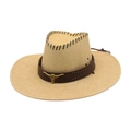 Western straw cowboy hat with bull head emblem and decorative stitching - One Size / Beige (Gold Bull Head)