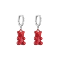 Silver hoop earrings with sparkling zircon and vibrant red gummy bear charms - Silver Red
