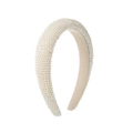 Detailed close-up of cream white sponge headband with densely packed pearls for women - Full White Pearls