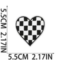 Close-up of black and white checkered heart embroidery patch with size dimensions - Black and White Plaid Heart (Small)