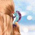 Detail of seahorse acetate hair claw with colorful rhinestones on blonde hair - Purple Blue Fish