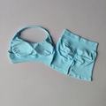 Seamless light blue yoga set with ribbed knit halter top and scrunch shorts - S / Lake Blue