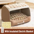 Brown cavernous pet bed with warm sherpa lining and adjustable electric heating mat - S (35*30*30cm) / With 3-Speed Heating Pad / Lomi Brown
