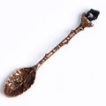 Vintage bronze coffee spoon with black crystal stone and leaf-shaped floral bowl - Raw Stone Style / Obsidian