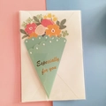 3D pop-up flower bouquet card in green wrapper with pink and orange paper flowers - 433# Cyan (With Envelope Independent Packaging)