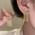 14k gold plated tassel earrings with sparkling zircon bow and elegant long chain drops - Silver Earring Post - Gold (Real Gold Plated)