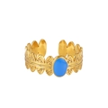 Detailed close-up of adjustable gold-plated ring with blue enamel and leaf texture - Blue Leaf (ZJ200)