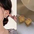 Elegantes pendientes cuadrados dorados con ojo de gato y borde de cristales pavé - 30# Cuadrado Ojo de Gato Poste de Plata