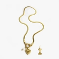 Golden snake chain necklace featuring a heart pendant, pearl charm, and letter I tag - Gold - Letter I