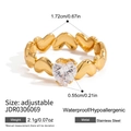 Macro detail of waterproof gold heart ring with white zircon inlay and adjustable band - Gold Heart Adjustable Zirconia Style (JDR0306069)