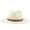 Detail of cream woven straw hat featuring a stylish brown decorative band and flat brim - M (56-58cm) / Milk White