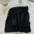 Detail of black knit shawl featuring three side wood buttons on white textured fabric - Black