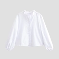 Elegante camicia bianca in popeline a maniche lunghe con colletto a balze e maniche a lanterna - XS / Bianco