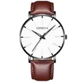 Minimalist Geneva quartz watch with brown leather strap and matte black case - Leather Strap Brown Band Black Case White Dial