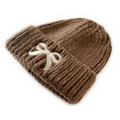 Brown knitted winter hat for children featuring a white embroidered bow on the cuff - Coffee