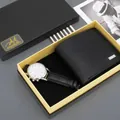 Detail of fashion men's business gift set featuring quartz watch and leather wallet in box - 2352 White Dial Black Strap Watch + Wallet + Box