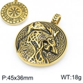 Golden Viking Sleipnir and Vegvisir pendant in stainless steel, 45x36mm round amulet - Odin's Sleipnir Viking Compass Style (KP117359-MZOZ)