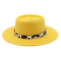 Cappello di paglia giallo a tesa piatta con nastro muccato e fibbia per la spiaggia - M (56-58cm) / Giallo