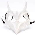 Macro detail of white bone-style dragon mask with textures and black elastic strap - Plastic / Yaksha White