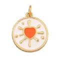 White enamel round pendant with orange heart and gold sunburst detail for jewelry making - K076506-Orange Radiant Orange Heart