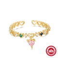 S925 sterling silver open ring with gold finish and dangling pink heart zircon stone - Adjustable Open / Gold #6/Pink Heart Pendant