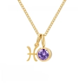 Pisces zodiac pendant necklace with purple birthstone and 18K gold plated finish - February