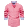 Detail of pink long sleeve shirt showing light blue contrast collar and inner cuff lining - S / Watermelon red