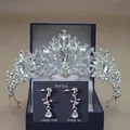 Detailed view of silver bridal crown and matching 5cm long crystal drop earrings - Style B Stud Earring Set (Crown + Stud Earrings)