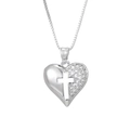 Vista dettagliata del ciondolo cuore e croce in argento con pavé di zirconi cubici - Solo ciondolo / Cuore a Croce Argentata