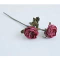 Artificial 2-head vintage dark red rose with burnt edges and detailed silk petals - Red