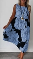 Women's sleeveless A-line summer dress with blue floral print on black fabric - Blue