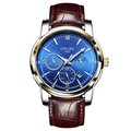 Men's business watch with blue sunray dial and brown leather strap in golden finish - Fortune Leather Two-tone Case Blue Dial Brown Strap