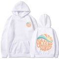 White hoodie with sunset print front and back views showing long sleeves and hood - S / White