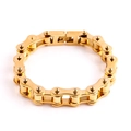 Detail view of gold-plated stainless steel men's bracelet with a bike chain link design - 220mm / Gold