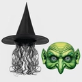 Set strega di Halloween con cappello nero a punta, parrucca grigia e maschera da goblin - Set Cappello e Maschera da Strega