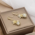 Elegant gold tulip drop earrings with white cat eye stone and sparkling cubic zirconia - E3479/Flower Round Bead