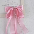 Pink satin bow hair clip with organza ribbons and center pearl rhinestone accent - Korean Pink