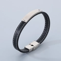 Bracelet en cuir noir avec plaque en acier inoxydable brossé et coutures blanches - 19cm / Couleur Acier