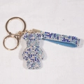 Blue rhinestone teddy bear keychain with gradient crystal pattern and golden clasp - Deep Blue Mix