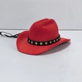 Detail von rotem Mini-Cowboyhut für Haustiere mit goldenem Stern und elastischem Kinnriemen - Klein 13.5cm / Roter Samt Stern